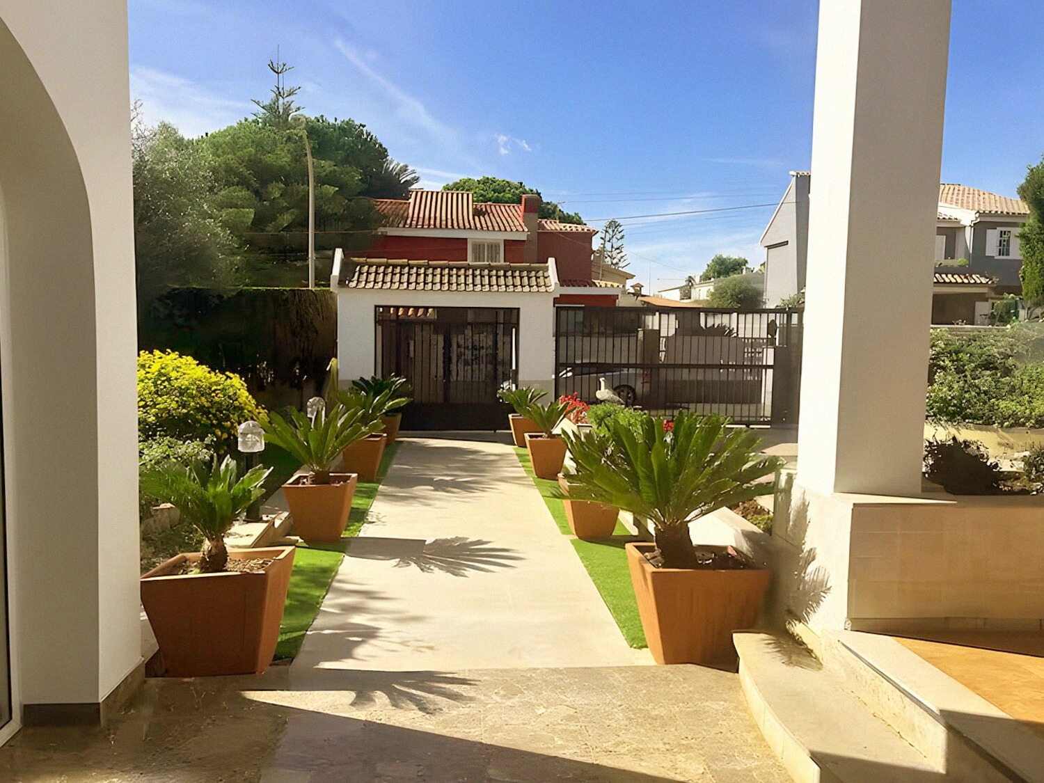 The planted approach to the villa entrance